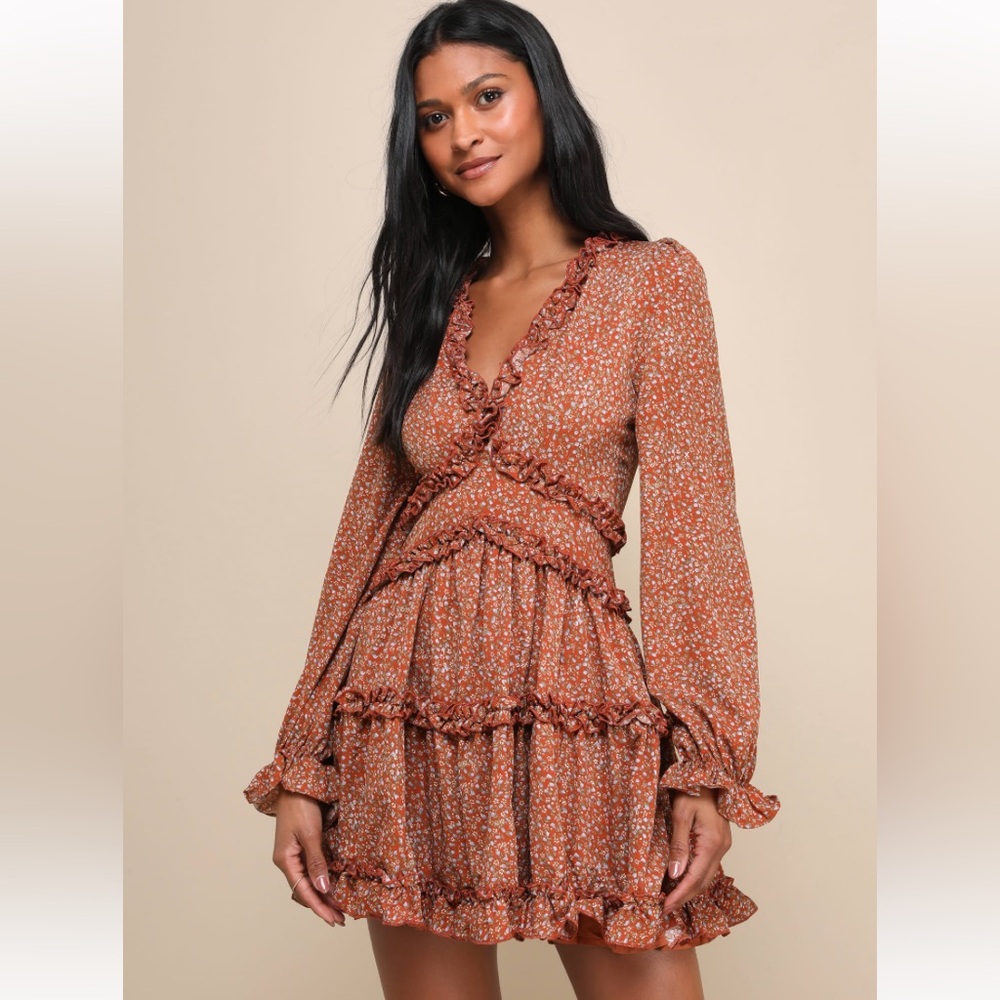 NWT Lulus Admire You Orange‎ Floral Print Ruffled Long Sleeve Mini Dress Sz M